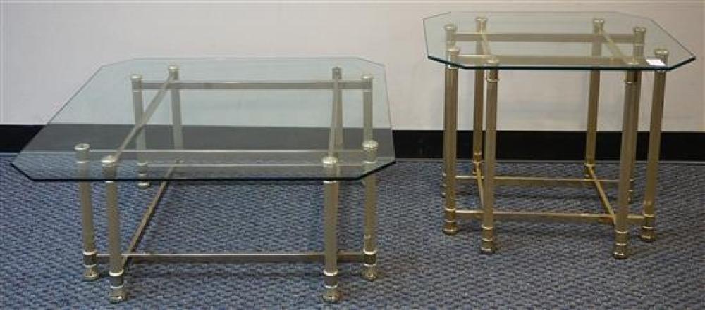 Contemporary Brass Base Cocktail Table (Height: 15 in, Square Top: 36 in) and a Lamp Table