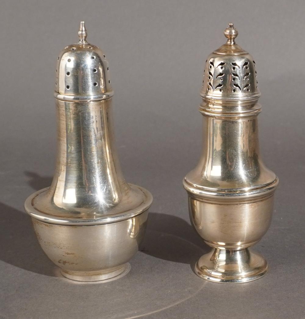 Two Birmingham English Sterling Silver Casters: Joseph Gloster Ltd. and Adie Brothers Ltd., H taller 6 1/4 in. (15.9 cm.), CGW 7.5 ozt