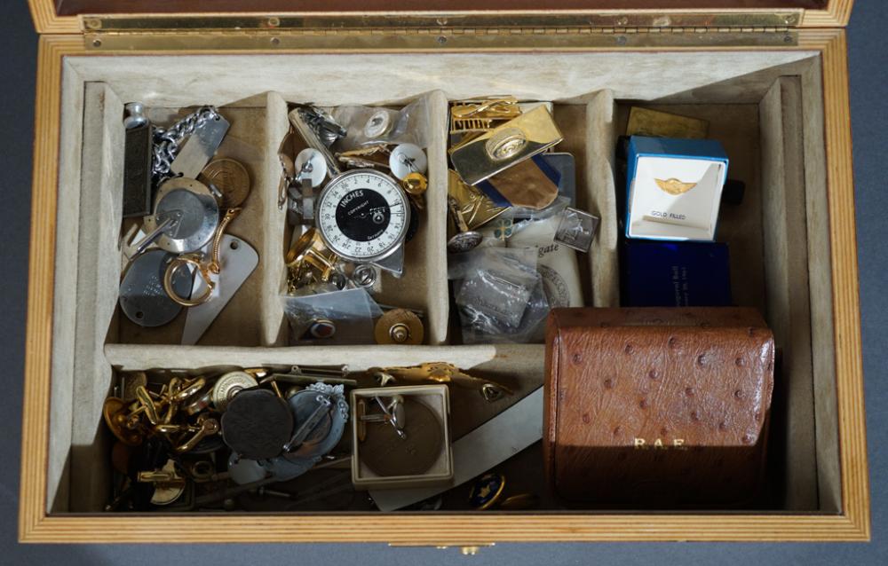 Burlwood Jewelry Box with Assorted Military Pins and other Accessories