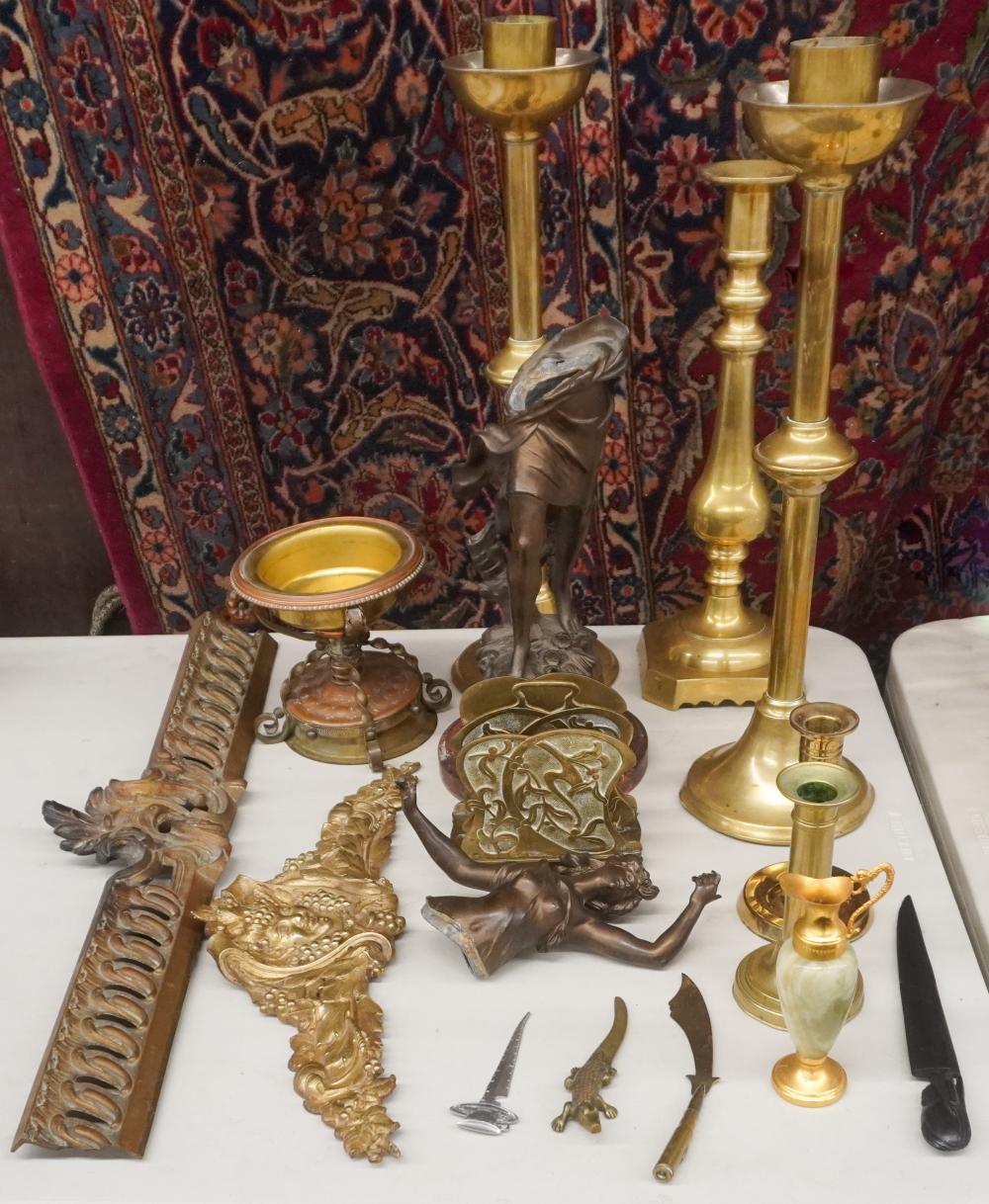 Collection of Brass Candlesticks and Other Metal Table Articles