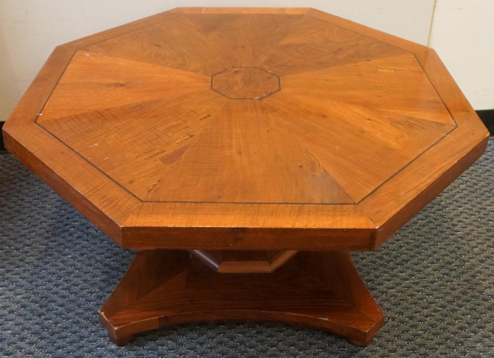 Contemporary Mixed Fruitwood Octagonal Side Table, Designed and Made by Michael E Sterner, Former US Ambassador and Cabinetmaker, Retailed by Basil Jones, 19 x 36 in. (48.3 x 91.4 cm.)