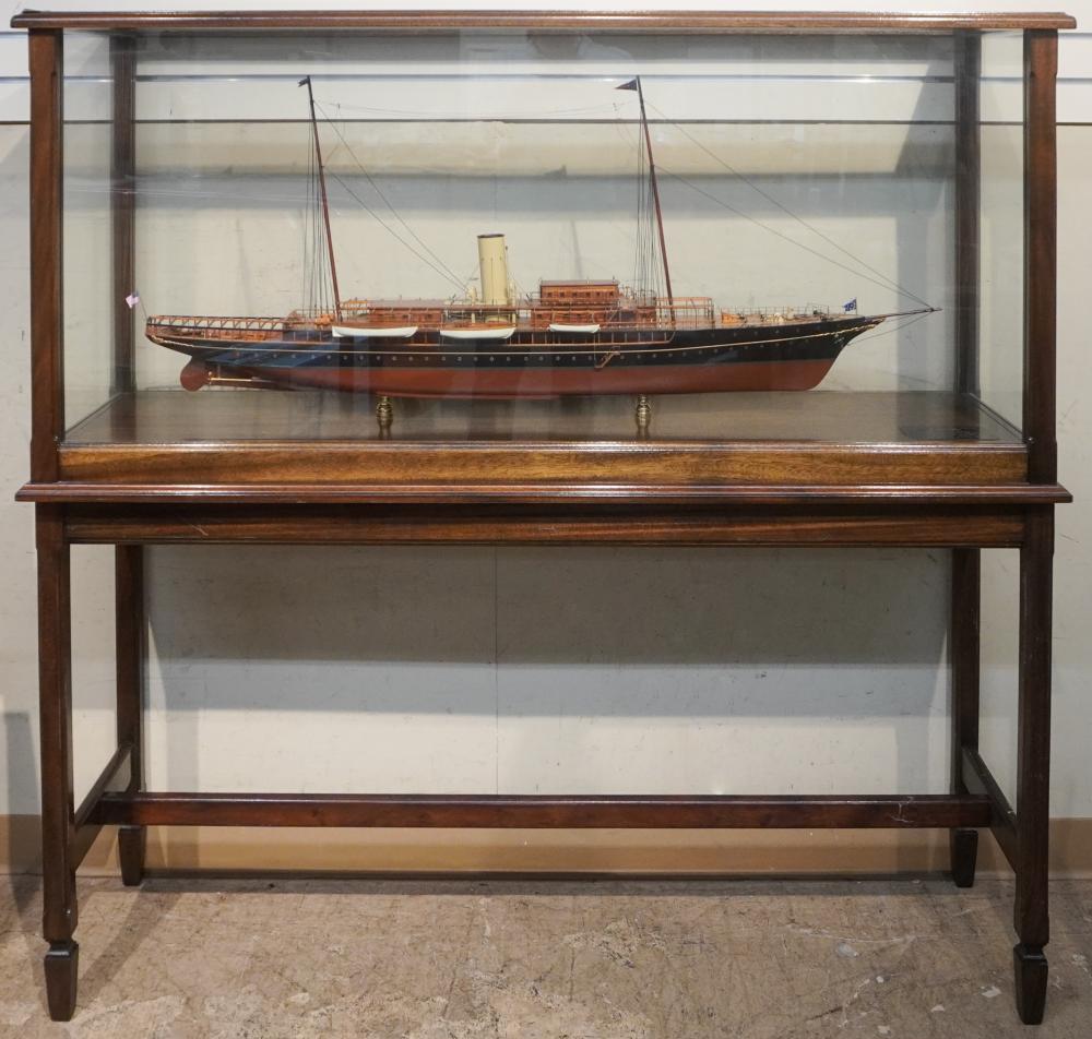 American Steam Yacht ‘Corsair’ Model Ship Designed by H.J. Gielow for J.P. Morgan within a Display Case and Stand Of Display Case: 57 x 56 x 16 1/2 in. (144.8 x 142.2 x 41.9 cm.)
