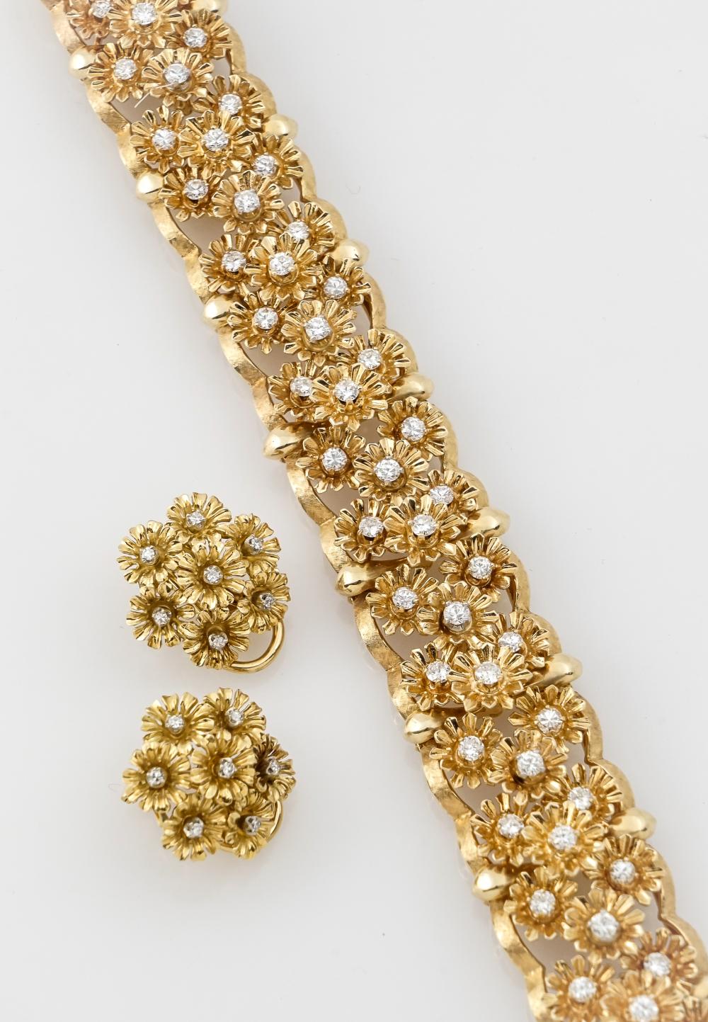 14-Karat and 18-Karat Yellow-Gold and Diamond Three-Piece Assembled Ensemble, Total weight of diamonds: 4.45 carats; Gross weight of bracelet: 45.5 dwt; Length: 7-3/4 in (19.7 cm); Total gross weight of earrings: 7.7 dwt