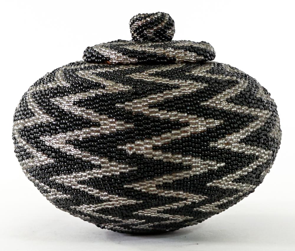 Vintage Beaded Lidded 6IN Basket